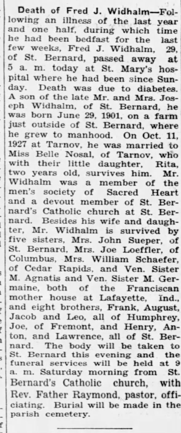 Obituary for Fred J Widhalm (Aged 29)